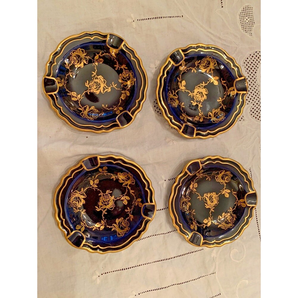 4 Vintage Lindner Kueps Bavaria Echt Cobalt Blue Ashtray Trinket Dish 3.5 inch
